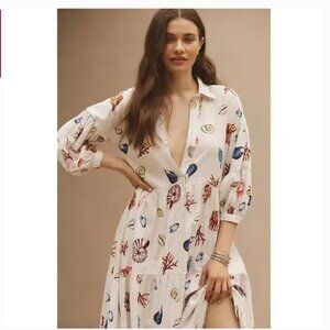 Anthropologie White Maxi Dress with Multi-Color Shell Print
